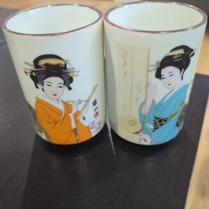 Porcelain Geisha Tea Cup Set - Orange & Blue